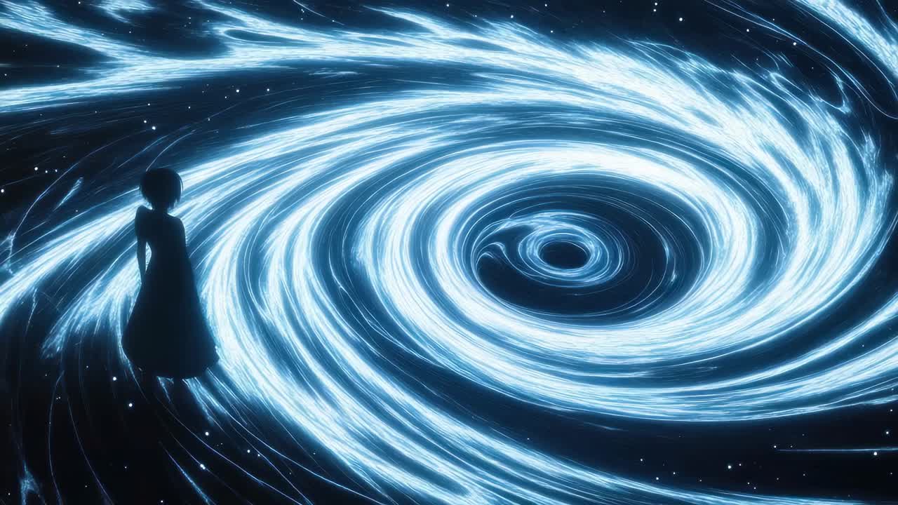 Silhouette of a person gazing at a swirling galaxy of light from a low angle, creating a mesmerizing