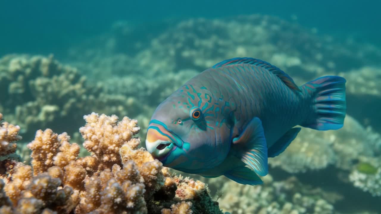 A Vibrant Parrotfish Gracing the Underwater Coral Reefs, Showcasing Its Colorful Features While Feeding on Surrounding Marine Life in a Stunning Ocean Habitat
