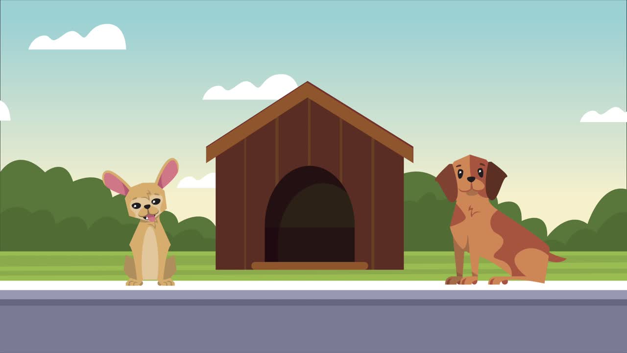 집 장면에서 두 마리의 귀여운 개 마스코트