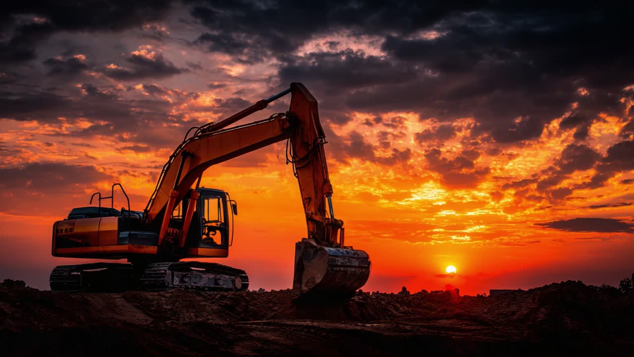 Majestic Excavator Silhouetted Against a Breathtaking Sunset: A Captivating Scene of Construction Machinery at Dusk with Dynamic Skies