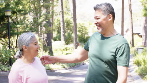 Happy-biracial-senior-couple-embracing-in-sunny-garden