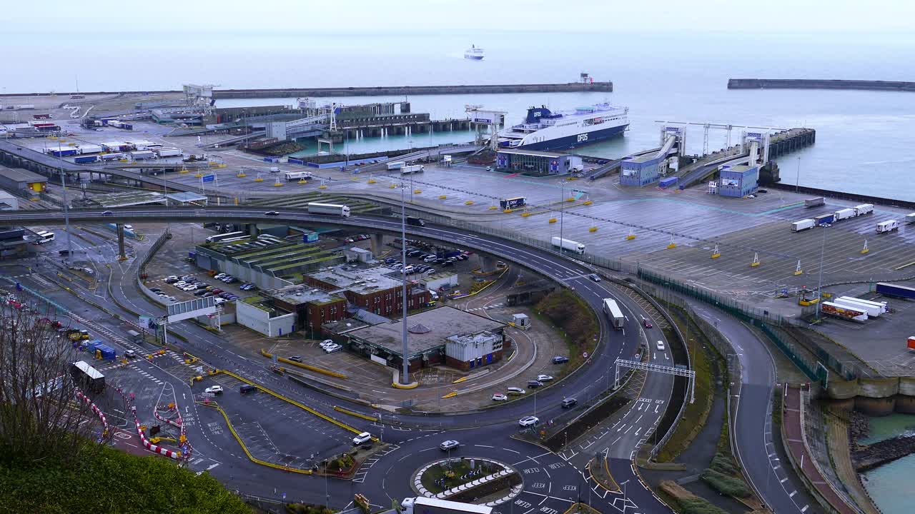 A road junction with a roundabout near the port in Dover, England.