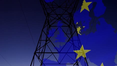 animation of european union flag and map of europe over electricity pylon