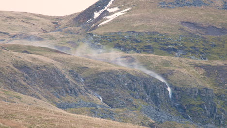 Waterfall-inverted-by-strong-winds-with-spray-being-blown-onto-the-hillside-above,-in-the-mallerstang-valley-Cumbria-UK