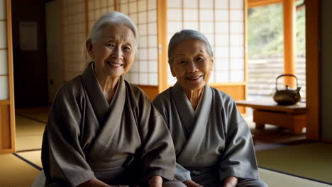 two smiling elderly japanese women in traditional attire