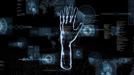 animation of data processing over hand model on black background