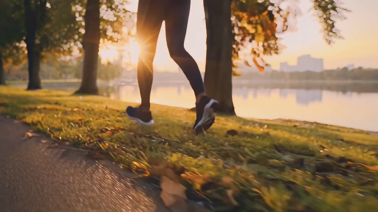 Video inquadrato dal basso di una persona che fa jogging lungo un sentiero fluviale all'alba, catturando movimento e natura