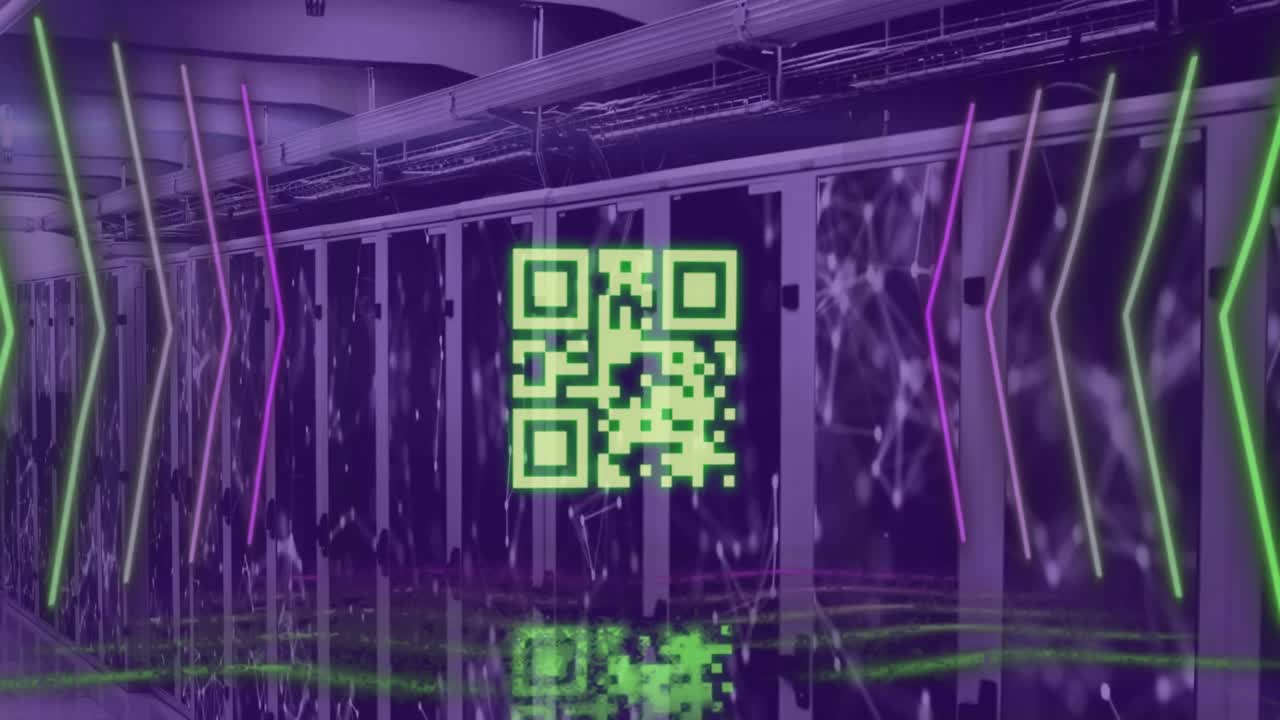 Animation of yellow qr code and neon lights over networks and computer server room
