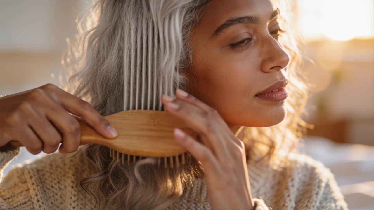 Combing brushing woman in sweater silver-gray-hair home as warm light falling using comb and brush