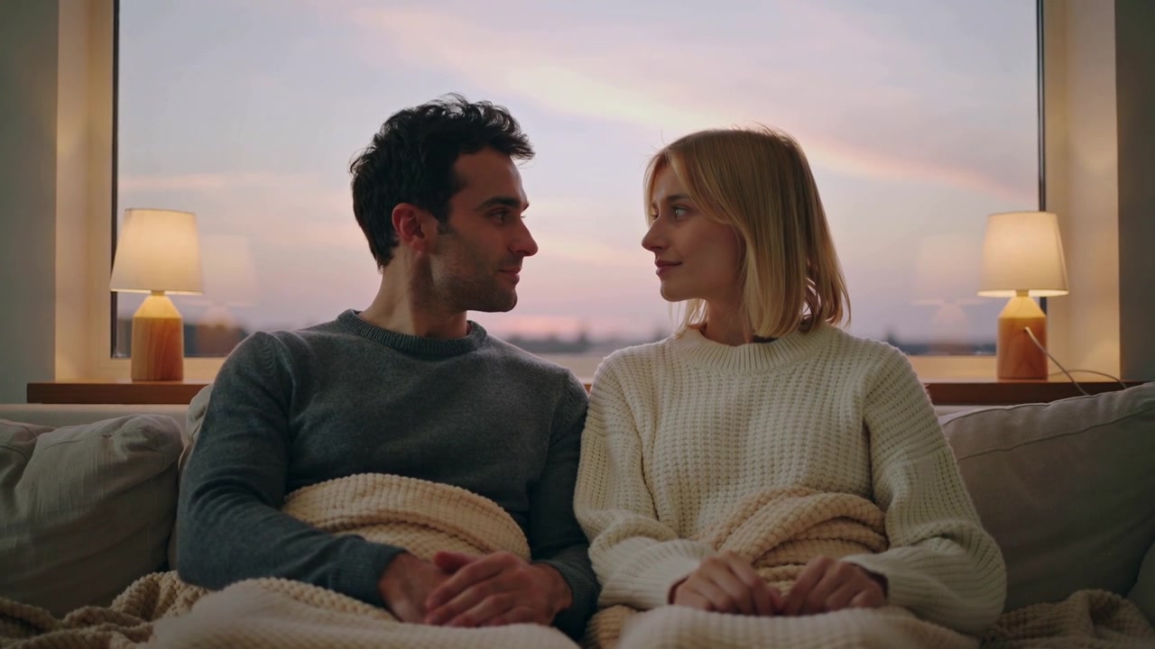 Sitting couple in knits sharing knit blanket, softening smiles as sunset light shifting at window