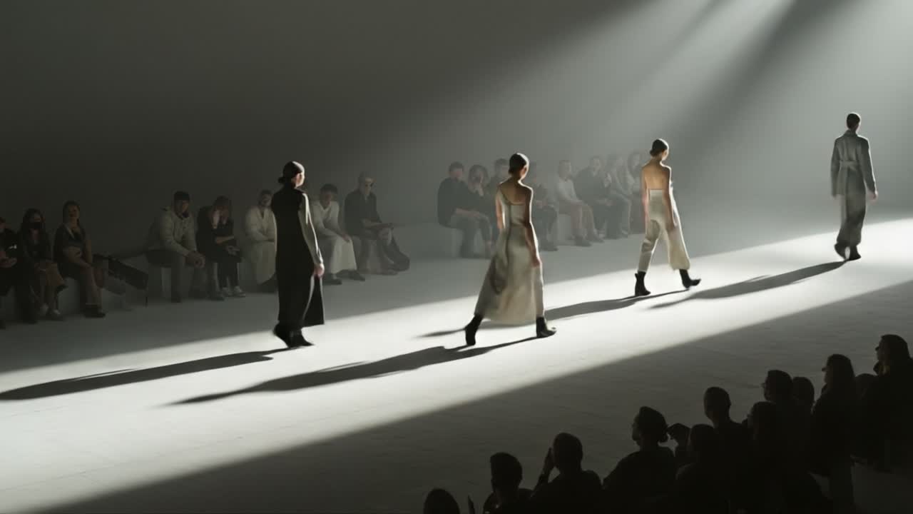 A Captivating Fashion Show with Models Elegantly Parading Down the Runway, Illuminated by Dramatic Spotlights and Surrounded by Enthralled Audience
