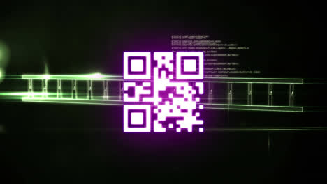 animación digital del código qr de neón contra la estructura del adn y el procesamiento de datos en fondo negro