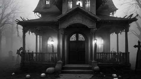 haunted house in a foggy graveyard