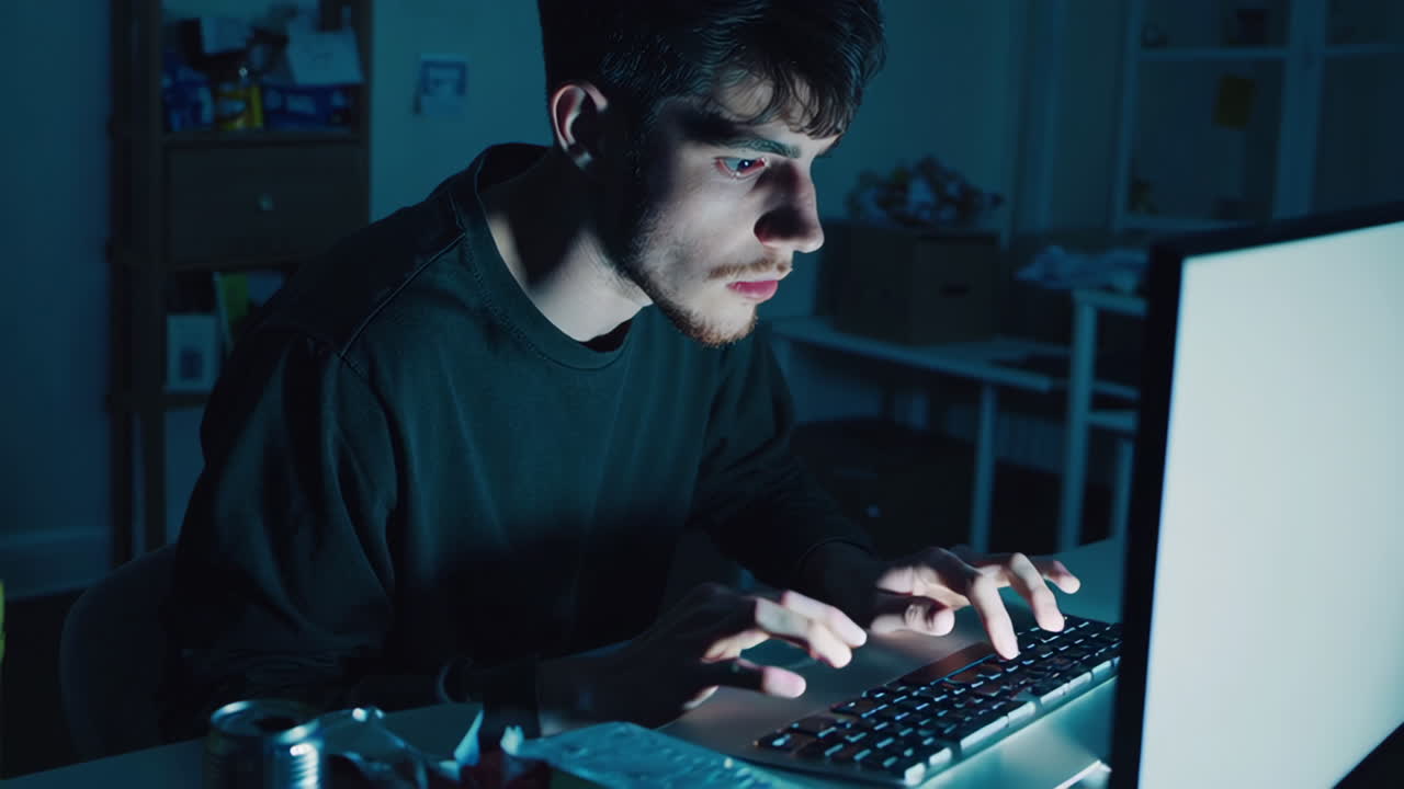 Young man working on a computer at night