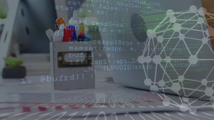Animation of data processing and spinning globe over mid section of boy using laptop at school