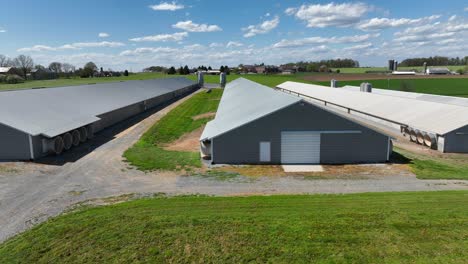 bright green farmland with large chicken houses in spring