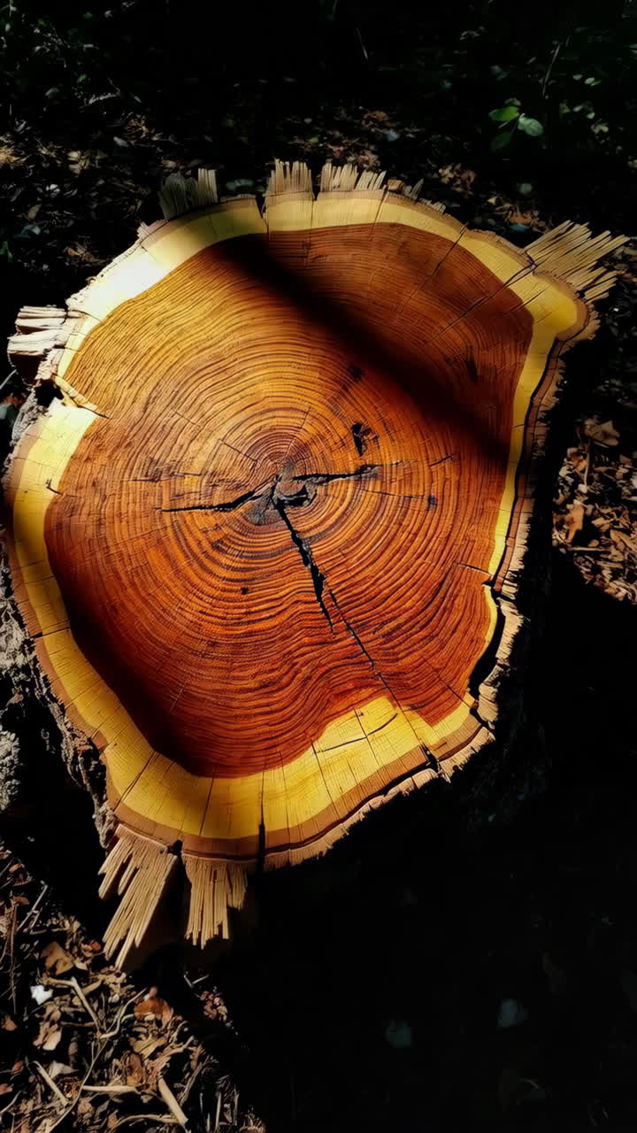 Primo Piano di un Ceppo d'Albero Appena Tagliato con Anelli di Crescita Visibili