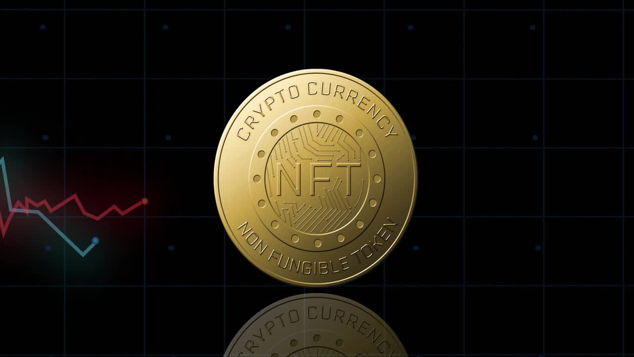 moneda de oro con texto nft y animación de criptomoneda sobre gráfico financiero