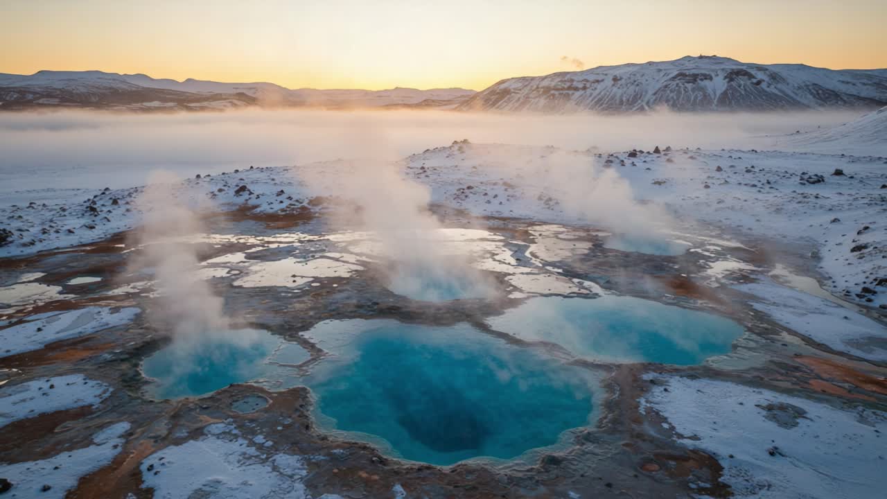 Aerial View of Vibrant Geothermal Pools Surrounded by Snow-Capped Mountains at Sunrise, Portraying Nature's Raw Beauty and Thermal Activity
