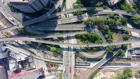 highway interchange with traffic on all levels in downtown hong kong, aerial view