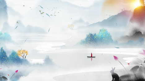 serene chinese landscape painting with person in boat and rabbit