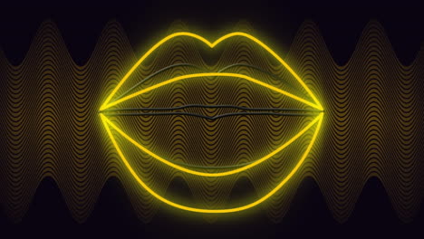 animation of yellow neon of lips opening, on dark background