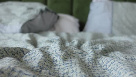 closeup of a blue and white patterned bedspread