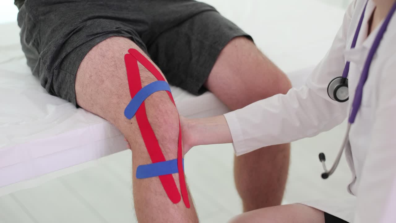 Kinesiology Taping on a Patient's Knee by a Medical Professional