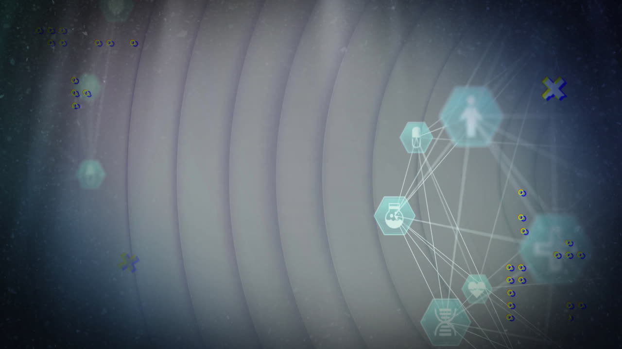 animación de la red de conexiones e íconos en círculos grises de fondo