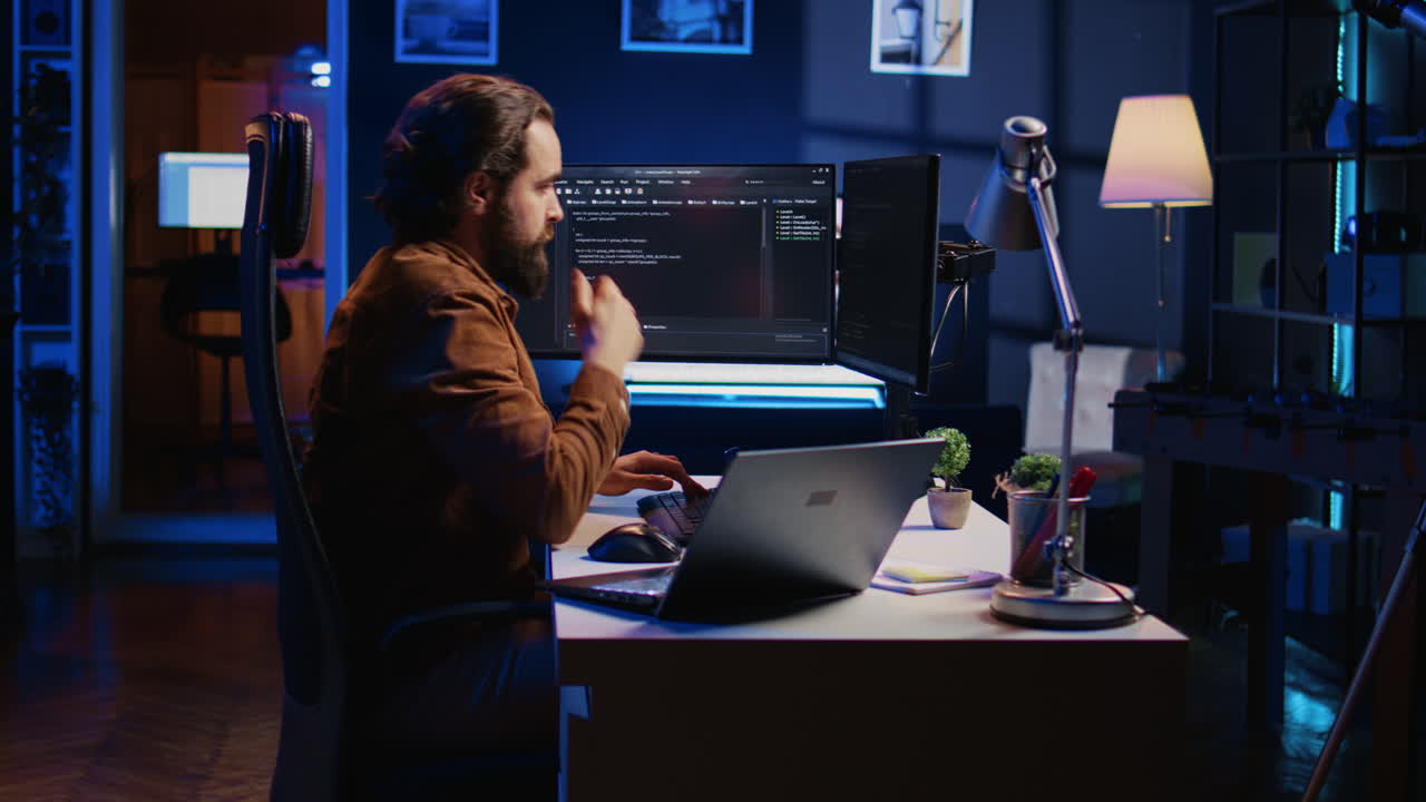 IT developer pressed by deadline, drinking coffee and doing multitasking