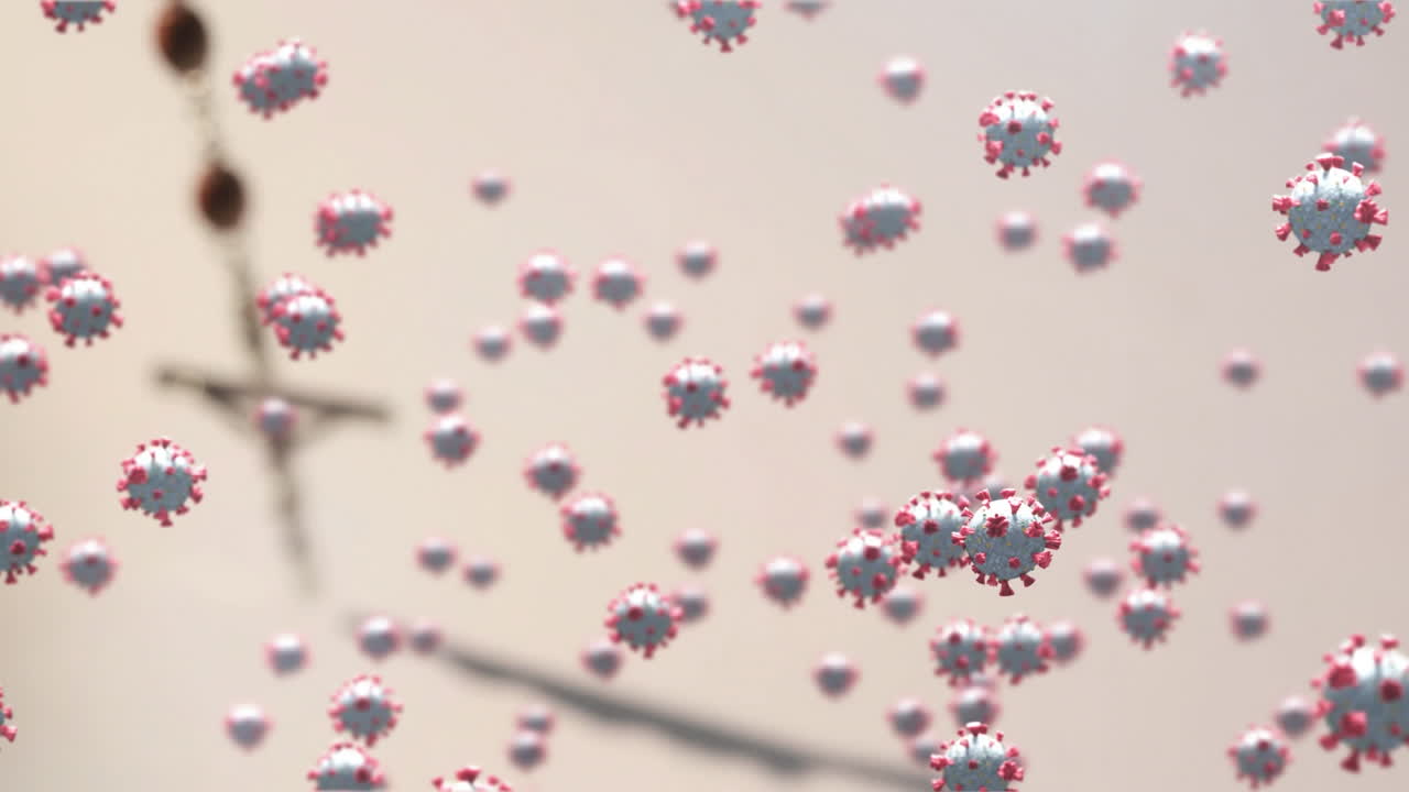 코로나19 세포가 배경에서 주례를 향해 움직입니다.
