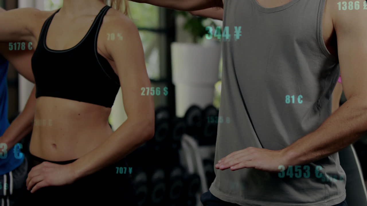 Workout partners standing in gym, showing floating currency values and dumbbell rack for finance