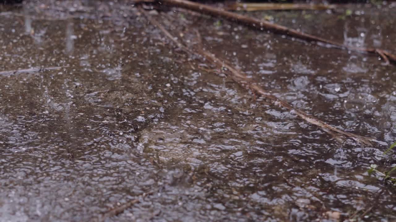 Slow Motion Raindrops Falling and Splashing During Intense Storm