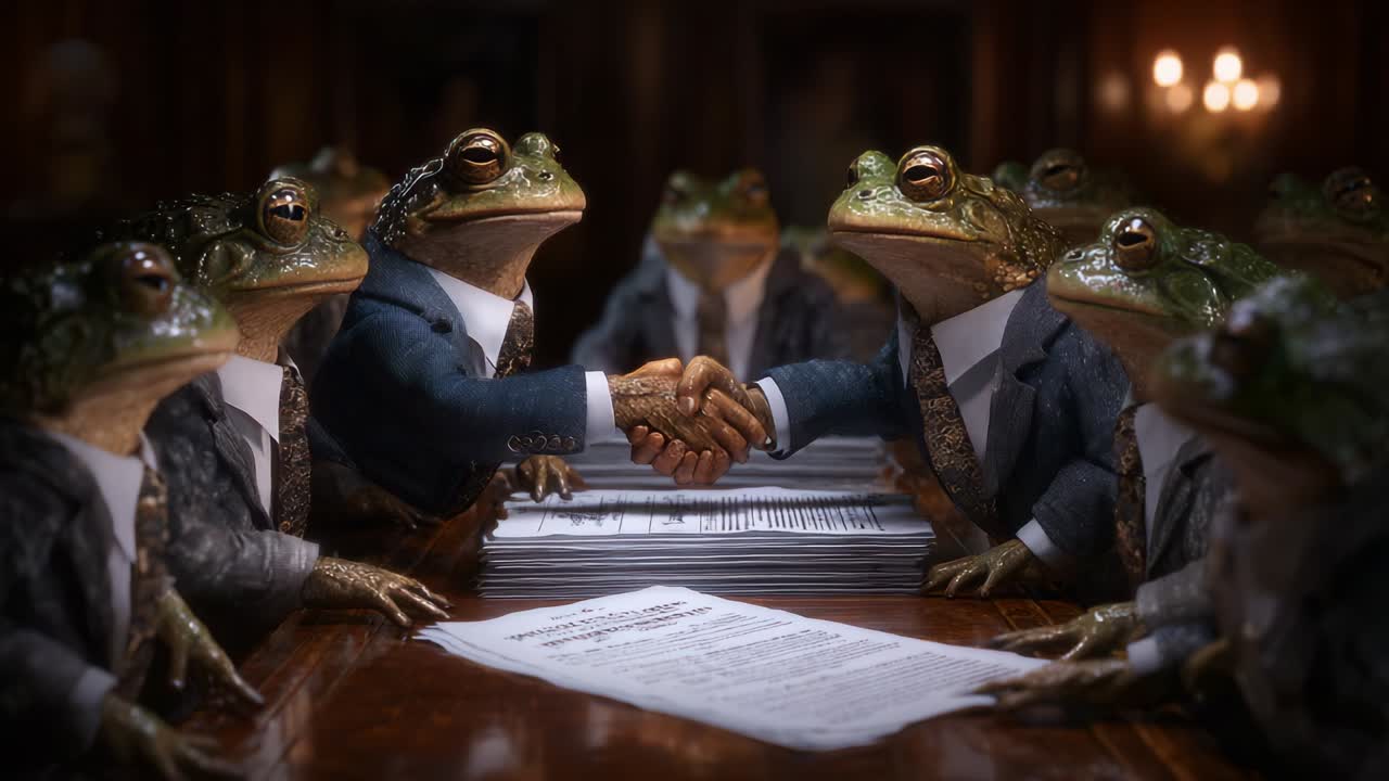 A group of frogs, dressed in suits, engaged in a serious handshake across a wooden table covered with documents, symbolizing a business agreement or negotiation in a comedic and surreal setting