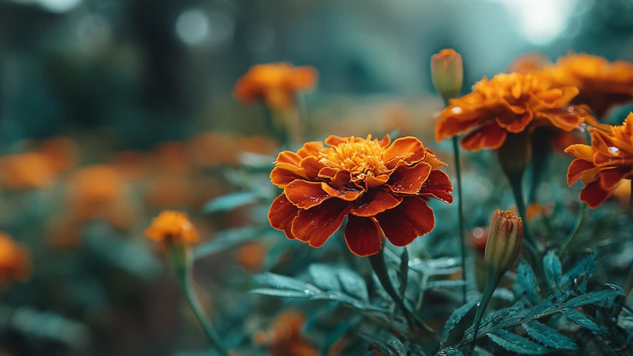 Splendido primo piano di vivaci fiori di calendula arancioni in un giardino lussureggiante, che mostrano i loro petali brillanti e le foglie rugiadose sotto una morbida luce naturale