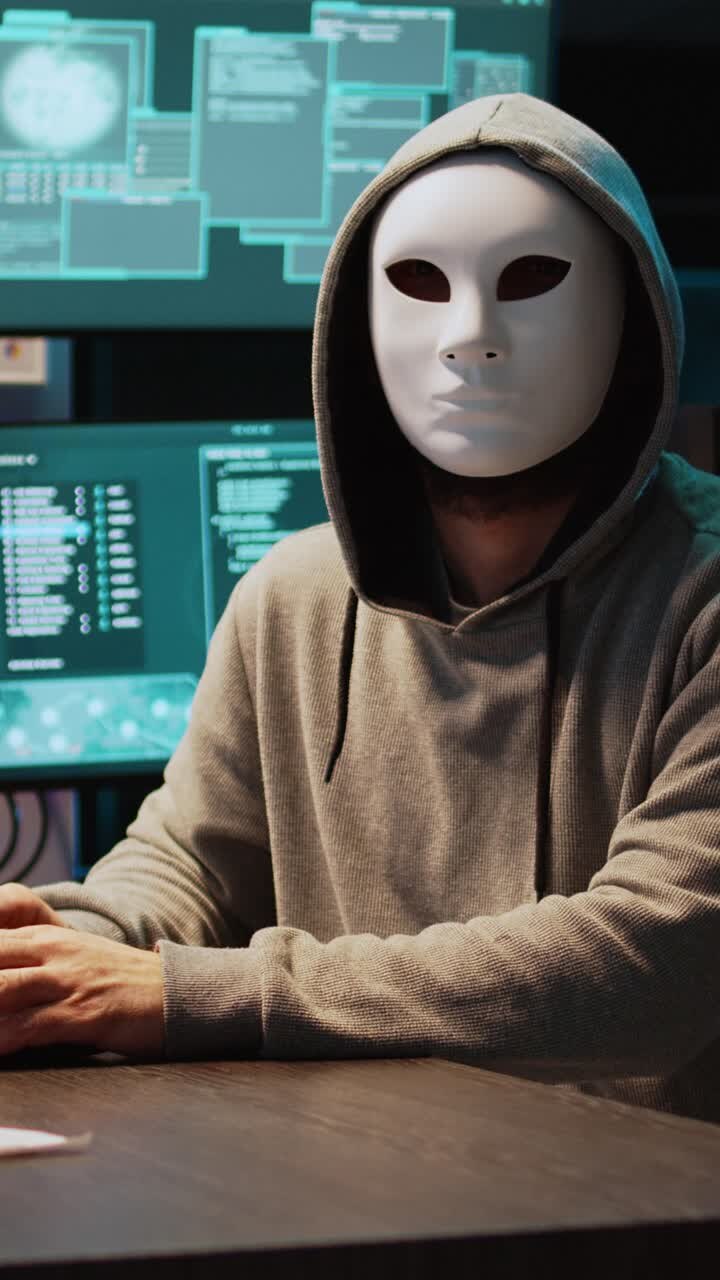 Video verticale: truffatore informatico che indossa maschera e cappuccio per hackerare un sistema informatico