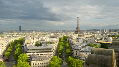 static view of the eiffel tower in paris, france from the arc de triomphe on sunny day