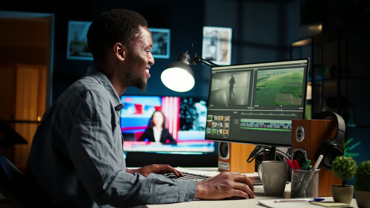African american videographer works on editing film footage at home