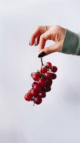 woman's hand holding a bunch of red grapes