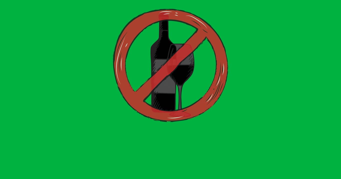 Animazione digitale di un segnale di stop rosso sopra una bottiglia di alcol e un bicchiere su sfondo nero.