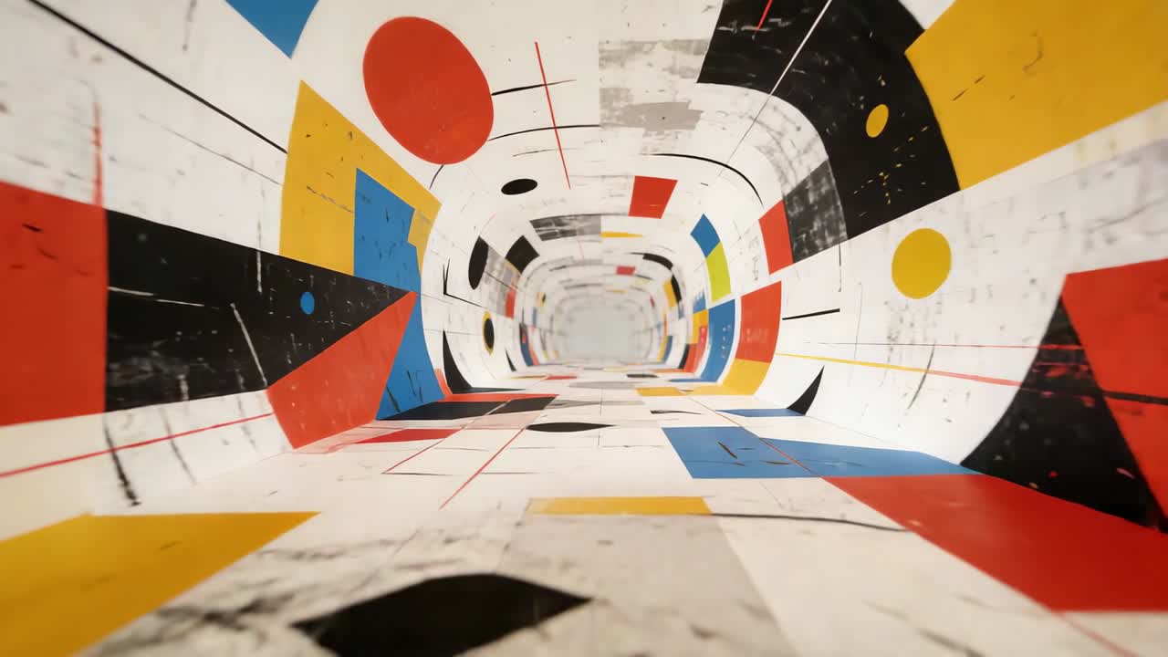 Telecamera in avanzamento che inizia un movimento in avanti attraverso un tunnel curvo, rivelando un cerchio rosso e pannelli graffiati