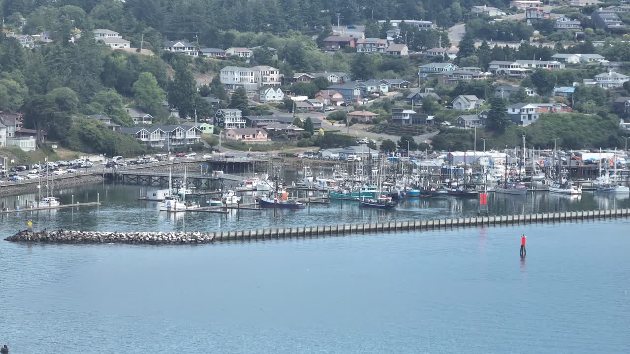 Newport Oregon Harbor Aerial with Fishing Boats