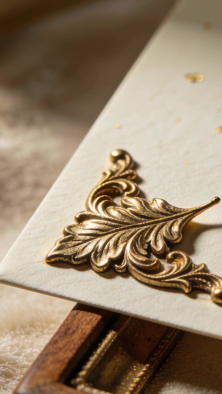 Vertical video: Shifting cam bringing gold leaf corner into focus on cream card for detail and box
