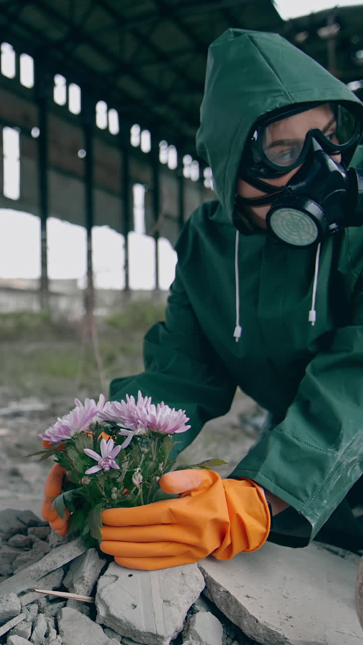 Ecological catastrophe. Ecologist in protective suit and gas mask trying to save flowers in isolated place with chemical attack. Vertical video