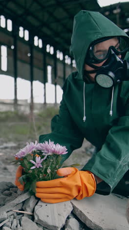 ecological catastrophe. ecologist in protective suit and gas mask trying to save flowers in isolated place with chemical attack. vertical video