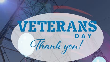 animation of veterans day thank you text over balloons, soldier silhouette and american flag