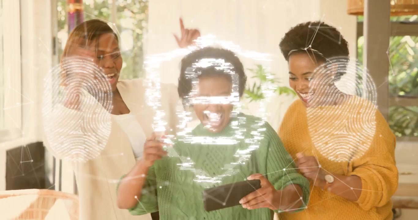 Three friends holding tablet and tapping screen, unlocking content with pulsing biometric overlay