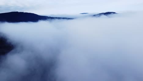 moody aerial mountain forest in clouds revealing peaks