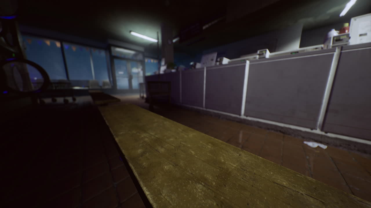 Empty cafe interior with dim lighting and scattered tables in evening hours