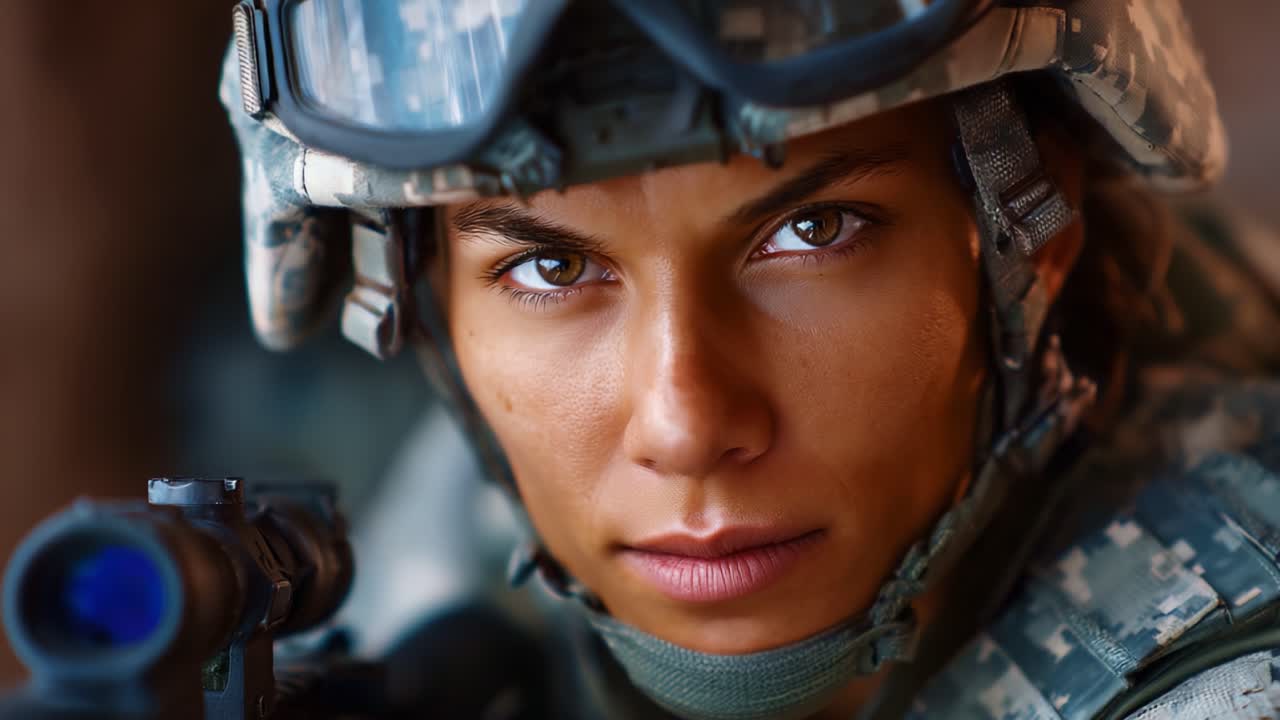 Guerriera determinata: primo piano di una soldatessa con sguardo penetrante ed espressione concentrata, che cattura l'essenza di forza e coraggio in tenuta da combattimento